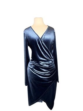Huhot Velvet Wrap Dress Large Blue Long Sleeve Ruched Midi Bodycon